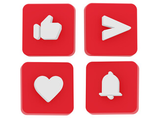 3d icon set like, love, notification and send white color with cube red 3d illustration rendering