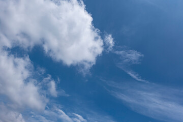 夏、梅雨明け、さわやかな晴天の青空と折り重なったふわふわの積乱雲の背景　夏休み・天気・アウトドア・旅行・バカンスのイメージ