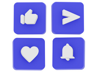 3d icon set like, love, notification and send white color with cube blue 3d illustration rendering