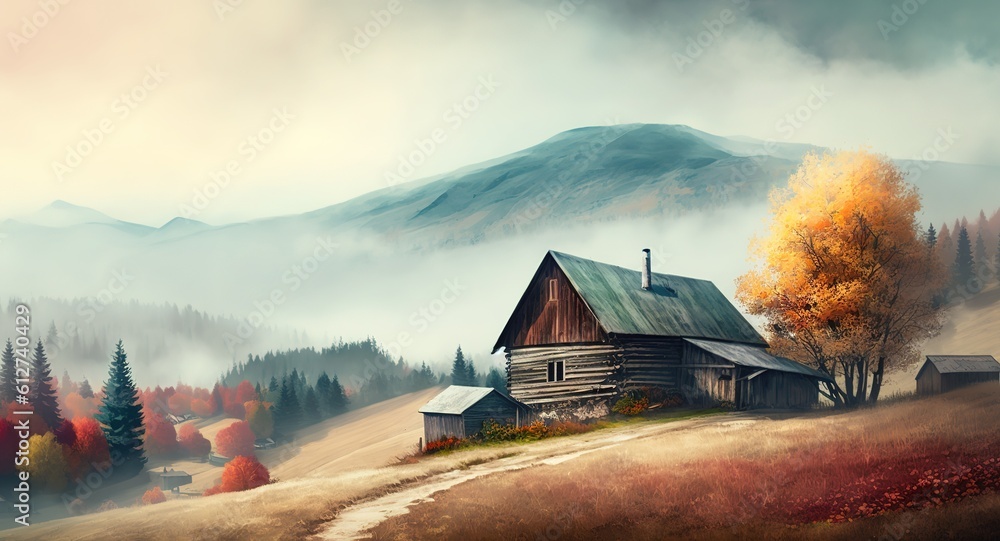 Poster fall foliage-filled mountain scene with beautiful trees and a rustic barn. generative ai