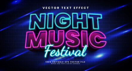 Night music festival 3d editable vector text effect, with neon light style.