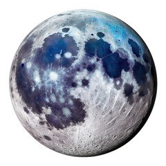 A blue moon with white spots is shown on a white background