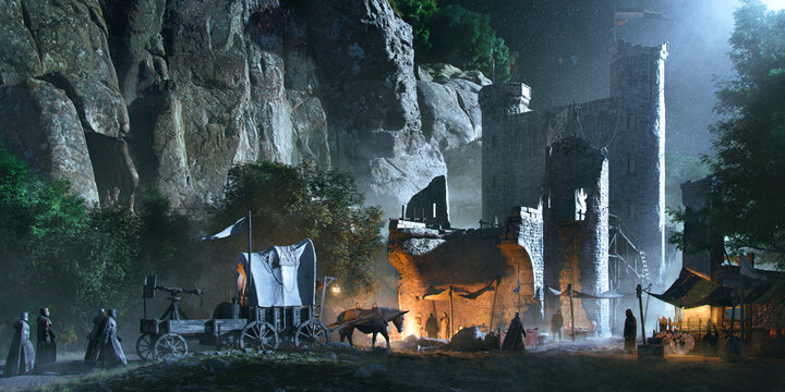 medieval soldiers moving in the night following an armored chariot  through a ruined temple and some peasants talking near the fire, chromatic aberration noise to add realism, concept art 3D rendering