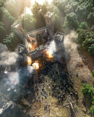 Castle siege with fire and smoke and a big medieval army and ancient weapons aerial view, chromatic aberration and noise to add realism  -  concept art 3D rendering 