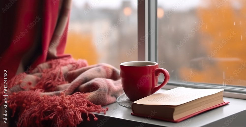 Poster a cup of coffee and a book on a window sill. generative ai. autumn vibes, hello fall.