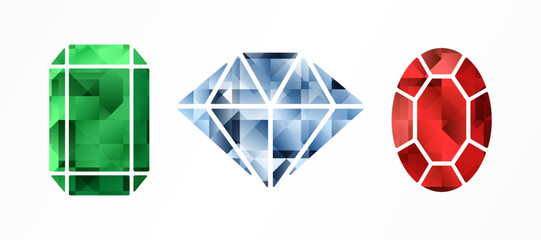 Ruby, emerald and diamond stylized faceted crystals. Gemstones vector icons collection. Best for web, print, logo creating and branding design.