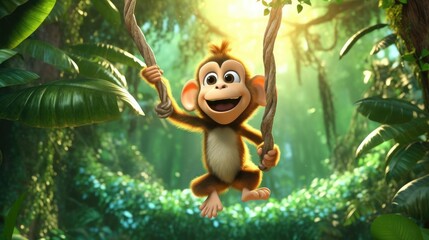A delightful 3D render of a happy and playful monkey swinging from tree to tree in a lush jungle setting. The lush greenery and joyful expression capture the energetic spirit - Generative ai - obrazy, fototapety, plakaty