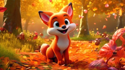 Realistic 3D render of a cheerful and adorable fox with a mischievous grin, surrounded by a colorful autumn forest. The vibrant foliage and curious expression - Generative ai