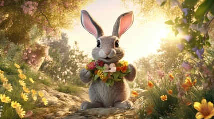 Realistic 3D render of a delighted and charming bunny wearing a flower crown, surrounded by vibrant springtime scenery. Soft sunlight filters through the trees - Generative ai