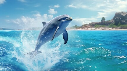 Obraz premium Realistic 3D render of a happy and playful dolphin leaping out of crystal-clear water, showcasing its joyful spirit and creating a dynamic scene - Generative ai