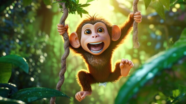 A delightful 3D render of a happy and playful monkey swinging from tree to tree in a lush jungle setting. The lush greenery and joyful expression capture the energetic spirit - Generative ai
