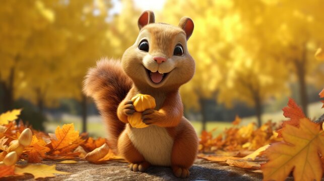 A heartening 3D render of a cheerful and affectionate squirrel holding an acorn, with a backdrop of golden autumn leaves. The scene captures the playfulness and charm - Generative ai