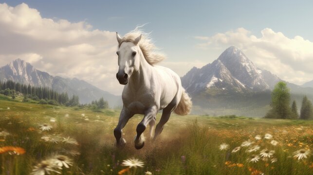 Realistic 3D render of a jubilant and charismatic horse galloping freely in a vast open field, with its mane flowing in the wind - Generative ai