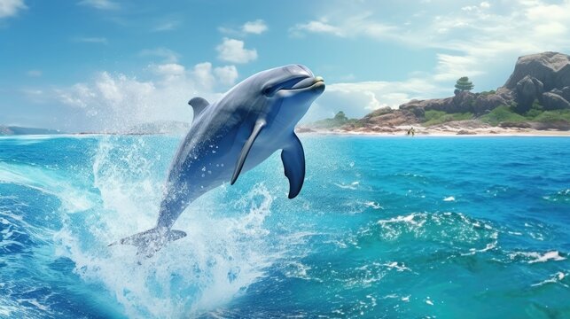 Realistic 3D render of a happy and playful dolphin leaping out of crystal-clear water, showcasing its joyful spirit and creating a dynamic scene  - Generative ai
