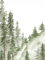Obraz premium Watercolor woodland and mountains frame illustration, forest background. Card invitation design with forest trees. Evergreen trees wreath, oak, fir natural border print