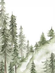 Washable wall murals Mountains Watercolor woodland and mountains frame illustration, forest background. Card invitation design with forest trees. Evergreen trees wreath, oak, fir natural border print