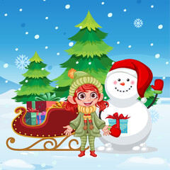 Happy girl with snowman winter background