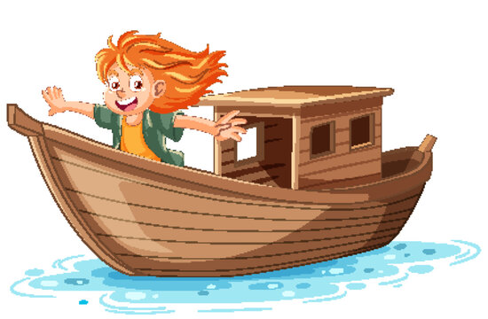 happy girl on wooden boat sailing clip art preview