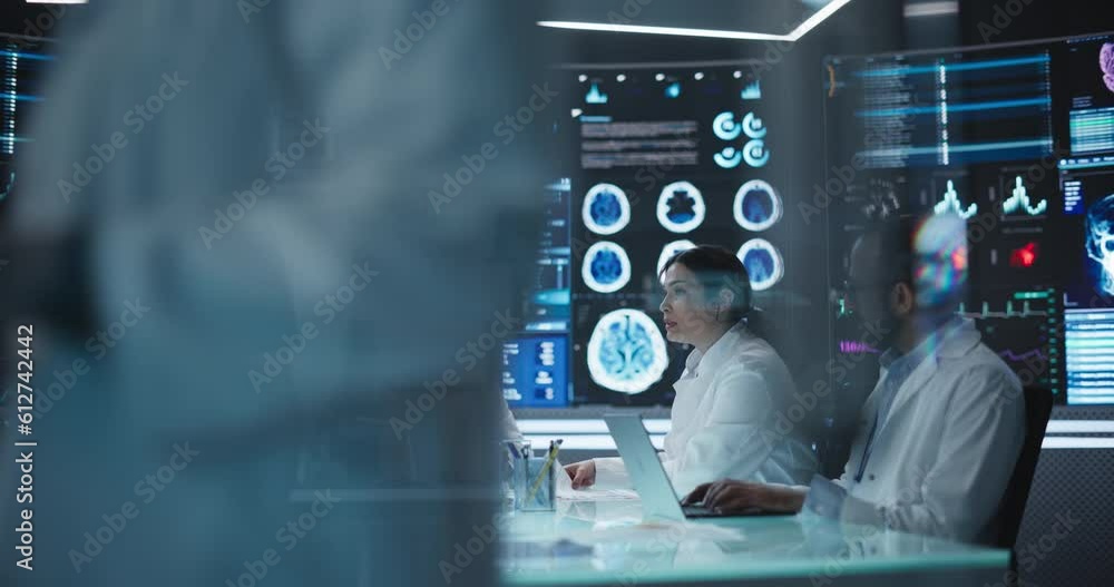 Poster team of medical professionals having a meeting in a research and development science laboratory. div