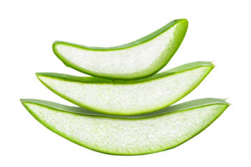 Slides, pieces of green fresh aloe vera. On a blank background. PNG