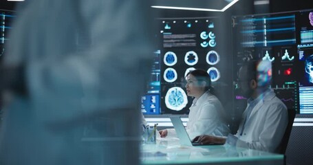 Team of Medical Professionals Having a Meeting in a Research and Development Science Laboratory. Diverse Group of Scientists Discussing New Trial Drug Treatment Results on Big Digital Screen - Powered by Adobe
