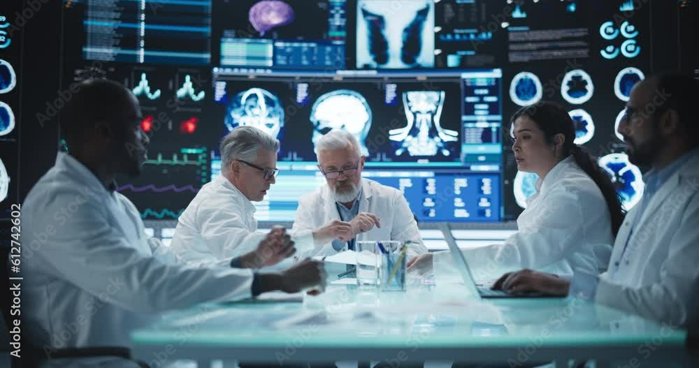 Aufkleber big pharma and medical device industrial company laboratory team members having a medical meeting in