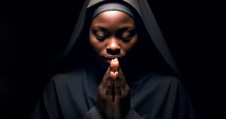 Fotobehang Black dark skinned woman and religion, portrait of catholic nun praying in church and looking at camera. Happy nun portrait © annebel146