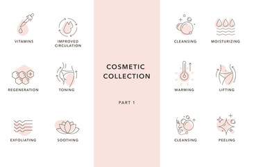 cosmetic collection of icons. action, effect, skin, body, face - obrazy, fototapety, plakaty