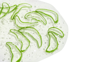 Thinly sliced slices or pieces of aloe vera in a transparent gel with bubbles. On a blank background. PNG