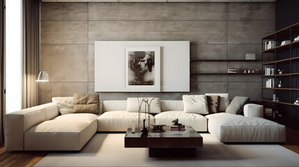 Fototapeta na wymiar 3D Render Stylish Modern Minimal Livingroom. Interior Design Clean and Contemporary. Generative AI