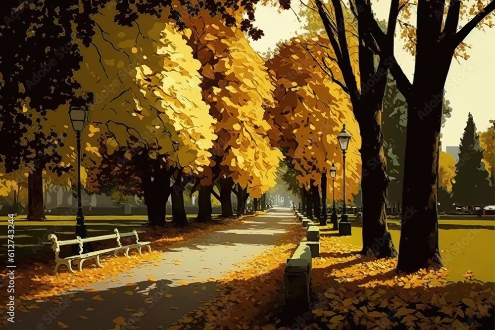 Poster leaves changing color in the fall park generative ai