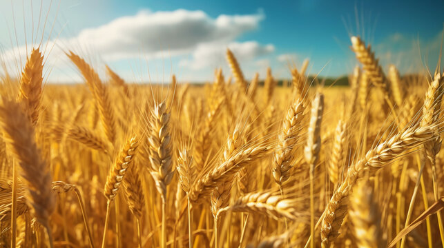 Ears of golden wheat close up.Organic farming concept. Ripegolden organic wheat stalk field against blue sky.