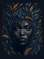 front view portrait of a beautiful proud woman with dark skin type with floral patterns on face embedded in floral pattern on dark background