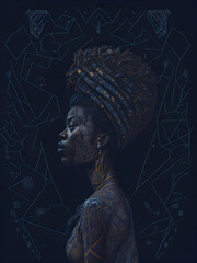 side view portrait of a proud woman with dark skin type  with dreadlocks hair, floral pattern on skin on abstract dark pattern background