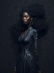 proud woman with dark skin type and lean body type with a deep scar in on face in a beautiful floral pattern style dress on a dark abstract background with gold lines