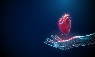 Abstract blue giving hand with red human heart. - obrazy, fototapety, plakaty