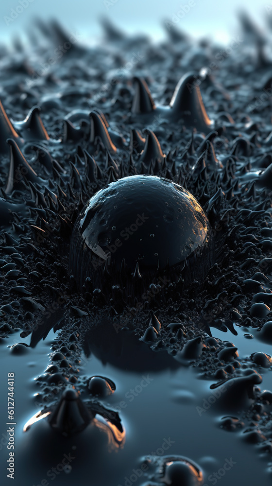 Poster a close up of a black object in a puddle of water. generative ai. freeform ferrofluid texture.
