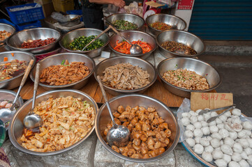 Taipei Street in one of suburb, district. Market Street in Taipei. Selling Food.