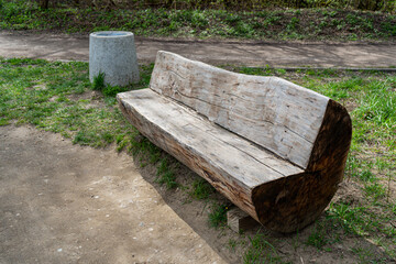 Old Wooden Bench in Park Made of a Single Tree Trunk, Outdoor Architecture, Wood Benches, Outdoor Chair