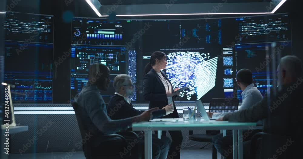 Poster Diverse Team Of Data Scientists and Software Developers Discussing an AI Project in a Room with Neural Network Model on a Digital Screen. Female Leading Artificial Intelligence Company Board Meeting