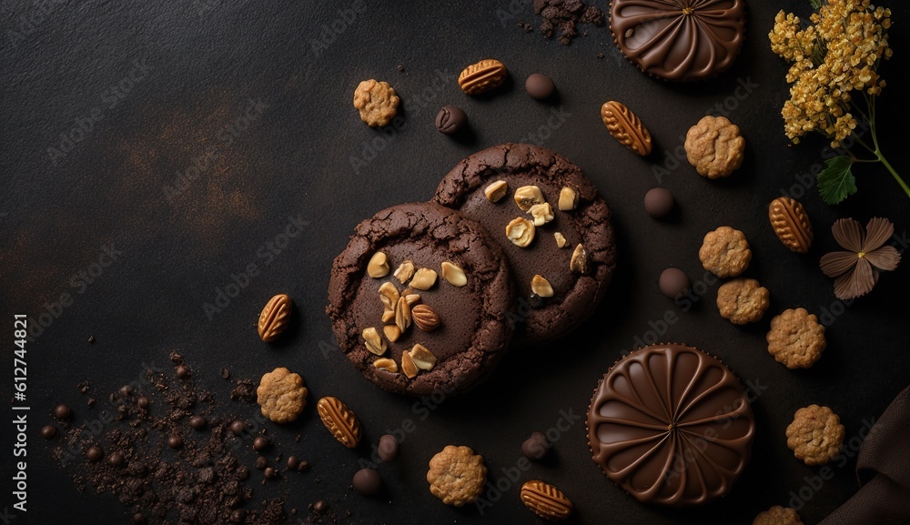 Poster blank text space on top view of chocolate biscuits with peanuts in the oven. generative ai