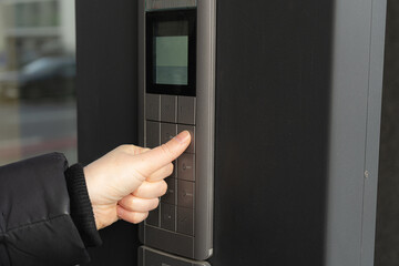Secure Home System, Hand Pressing on Intercom Keypad, Using Door Phone, Doorphone, Entryphone,...