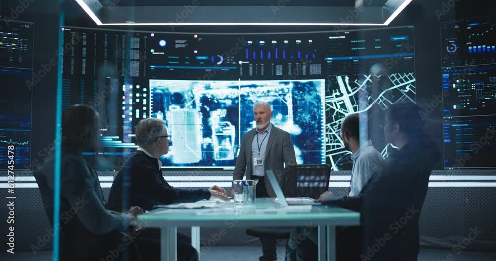 Poster team of surveillance experts having a meeting in a secret service research center. diverse group of 