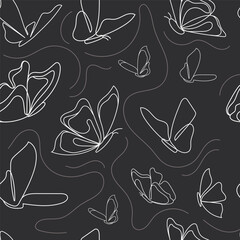 Butterfly One line seamless pattern on a gray background. Flying butterflies Mono line minimalistic style. Simple design backgound.Print wallpaper,fabric,cover,paper,web.Vector illustration