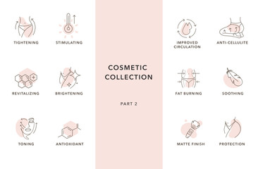 cosmetic collection of icons. action, effect, skin, body, face