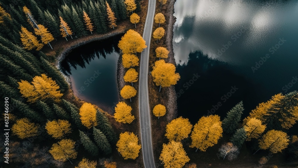 Poster aerial view of a lake and its surrounding woodland with fading trees. generative ai