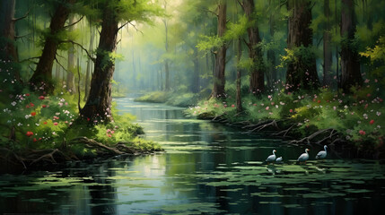 A tranquil river flowing through a lush forest, where a family of ducks glides gracefully on the water's surface, surrounded by towering trees and the sweet melody of birdsong. Generative AI