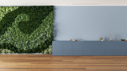 Modern bright kitchen with cabinets and appliances in blue and white tones. Vertical garden and parquet with copy space. Minimal interior design idea template