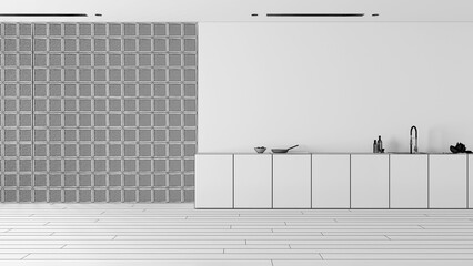 Blueprint unfinished project draft, modern bright kitchen with cabinets and appliances. Glass brick walls and parquet with copy space. Minimal interior design idea template