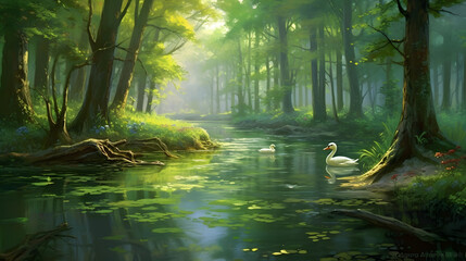 A tranquil river flowing through a lush forest, where a family of ducks glides gracefully on the water's surface, surrounded by towering trees and the sweet melody of birdsong. Generative AI